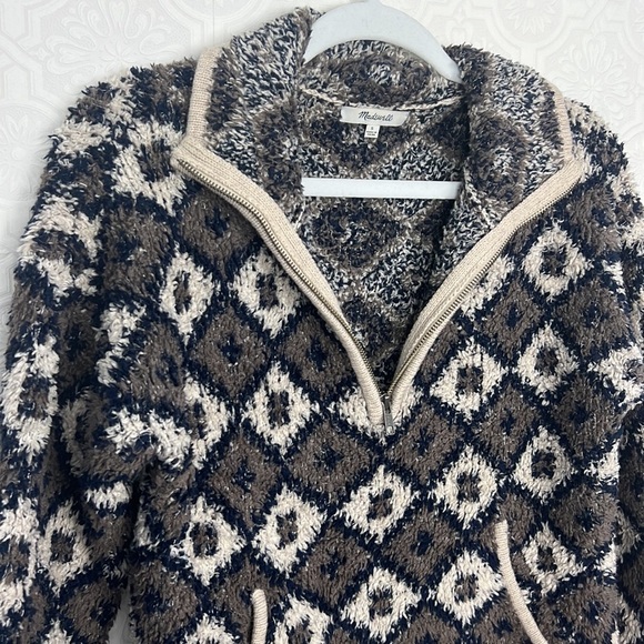 Madewell Popover Sweater Sweatshirt Teddy Design Quarter Zip Taupe Navy Blue - Picture 5 of 10